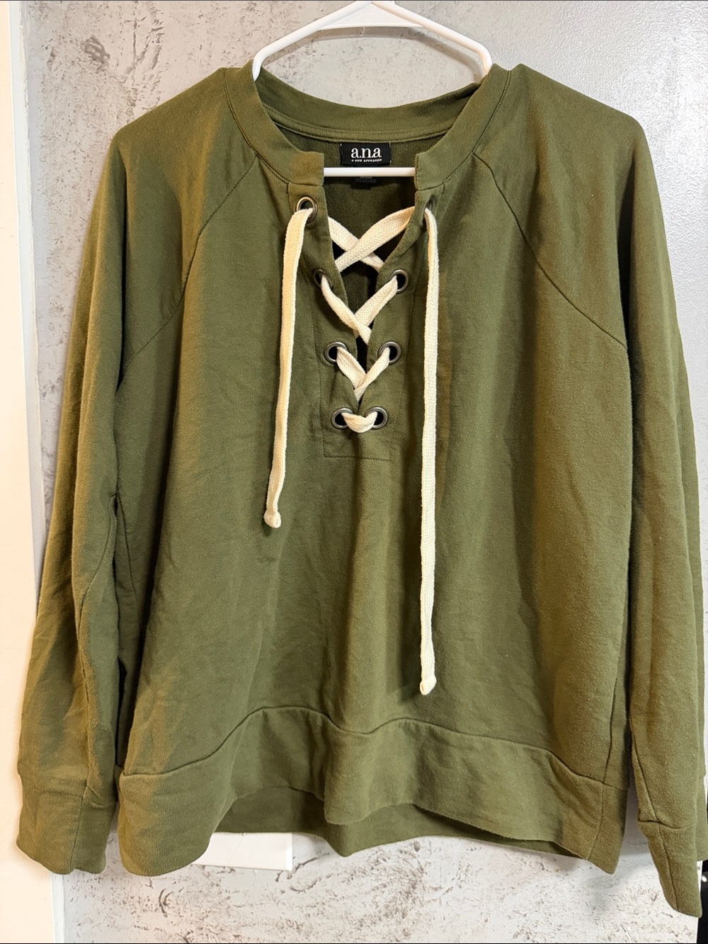 a.n.a Olive Lace-Up Crewneck Sweater with Cream Drawcords